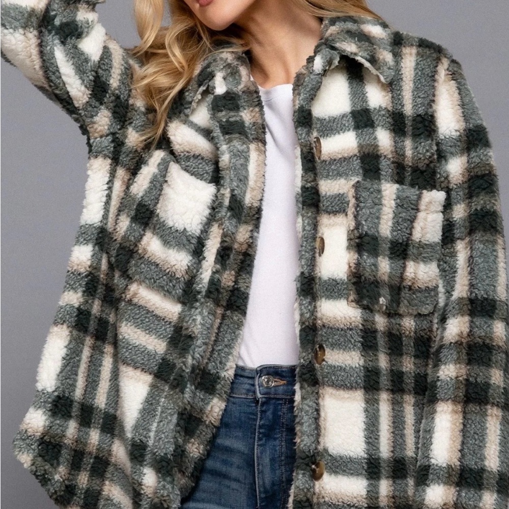 Cozy Plaid Sherpa Jacket - black & Cream